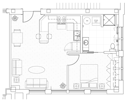 Floor plan for 1 bed, 1 bath, 748 sqft